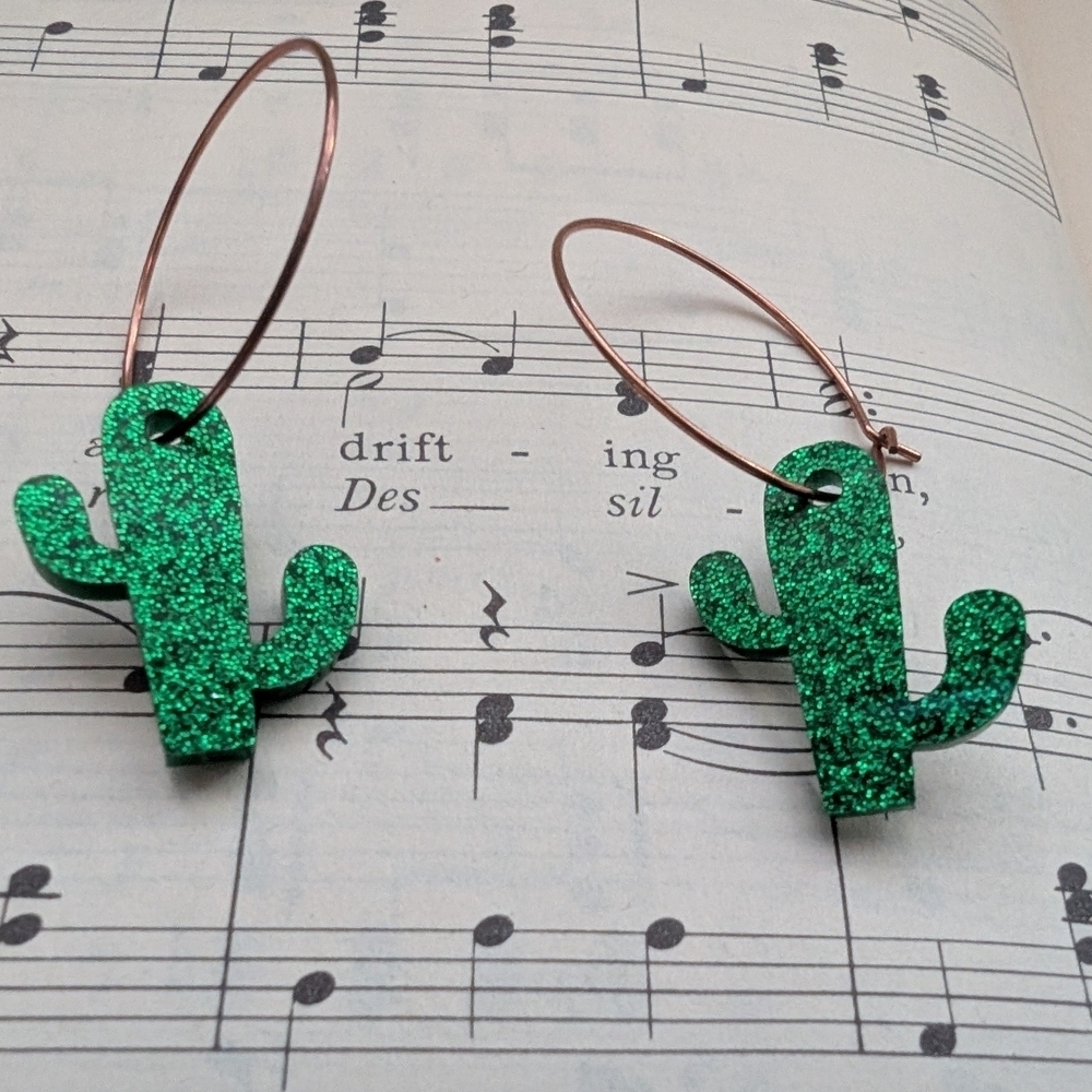 Green Glitter Cactus Hoop Earrings